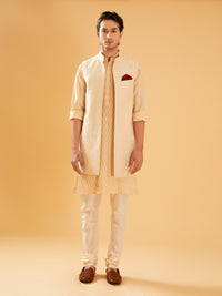 IVORY GEOMETRIC THREAD EMBROIDERED LONG WAISTCOAT