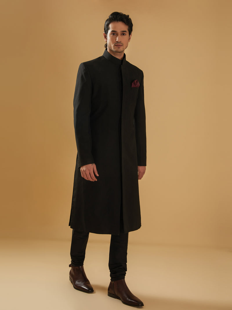 BLACK RAW SILK ACHKAN